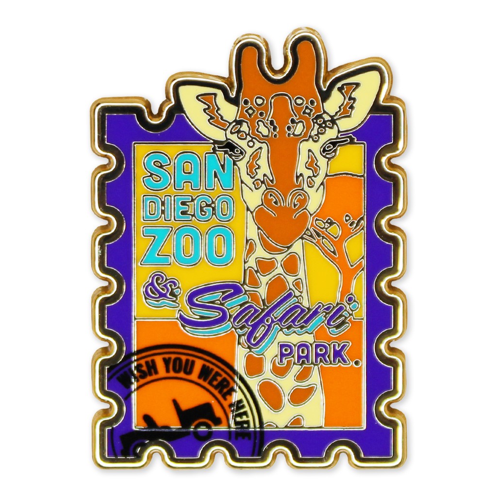 SAN DIEGO ZOO WILDLIFE ALLIANCE GIRAFFE STAMP WISH YOU WERE HERE TRADING PIN ENAMEL SOUVENIR COLLECTOR'S PIN