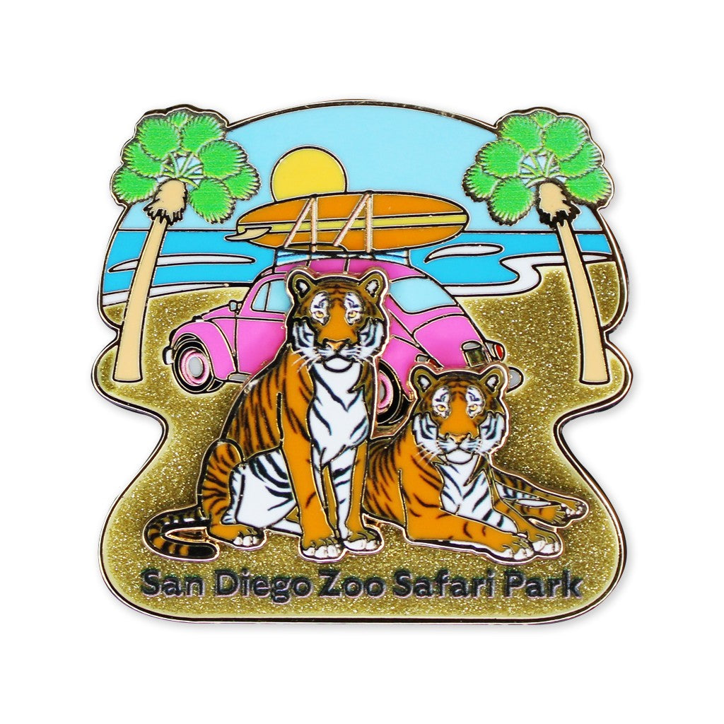 TIGER BEACH SOUVENIR TRADING PIN COLLECTIBLE VW BUG WITH SURFBOARD, PALM TREES ON GLITTER SAND SAN DIEGO ZOO SAFARI PARK TIGER PAIR