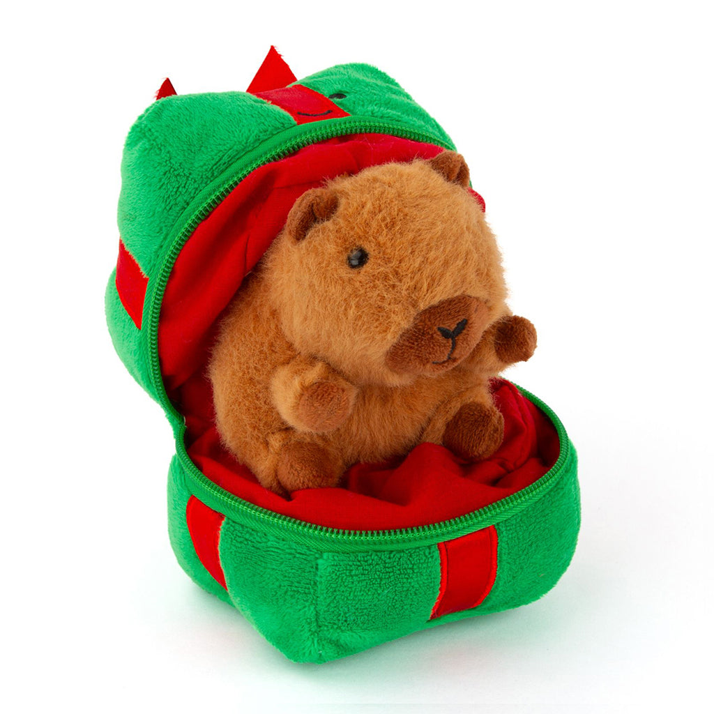 CAPPY HOLIDAYS PLUSH CAPYBARA INSIDE GREEN AND RED PLUSH ZIP UP GIFT BOX