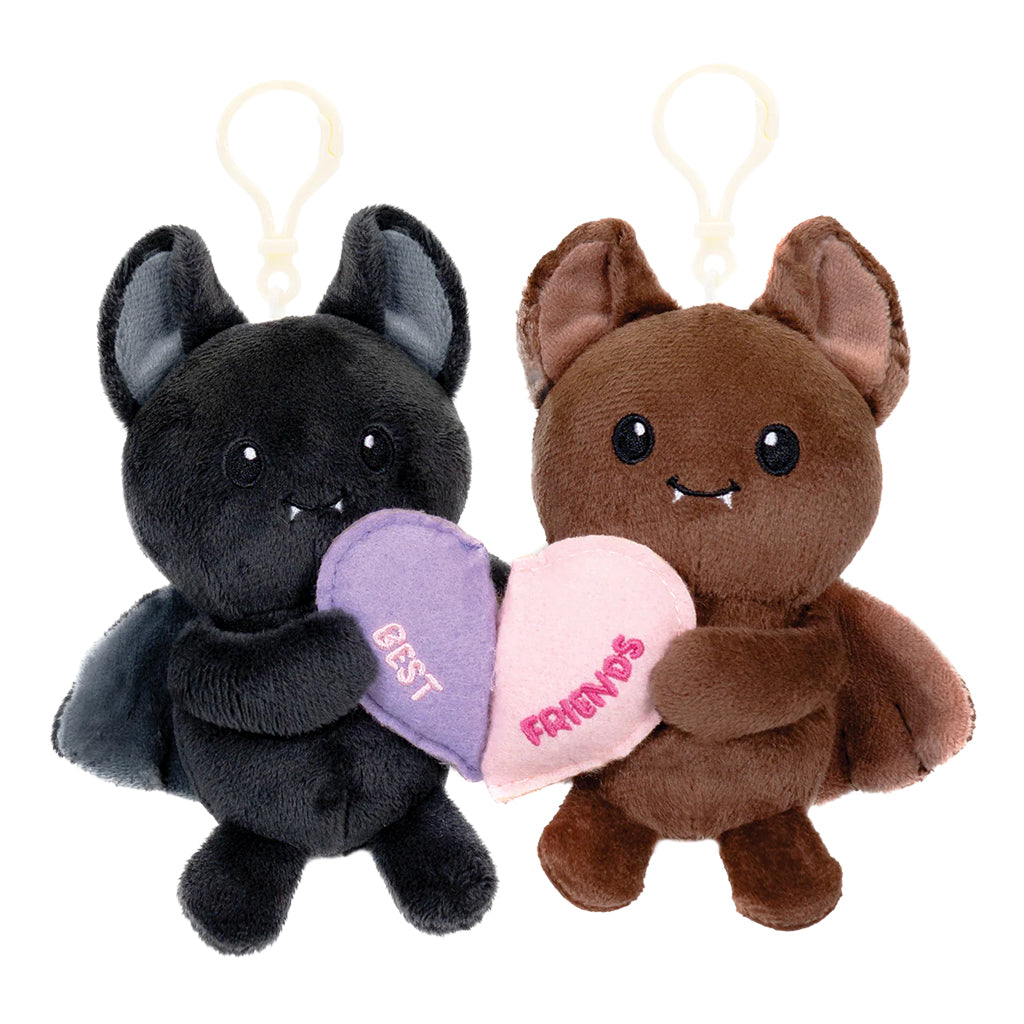 Bats Bestie Charms- two magnetic plush bats, one black and one brown, with clips holding heart-shaped signs with 'BEST' and 'FRIENDS' embroidered.