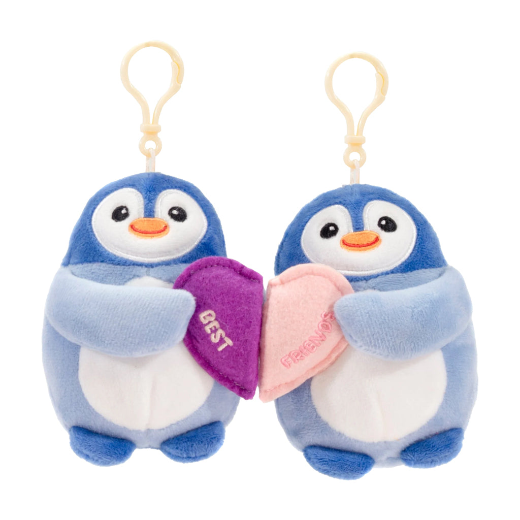 Blue Penguins Bestie Charms- two magnetic plush penguins with clips holding heart-shaped signs with 'BEST' and 'FRIENDS' embroidered.