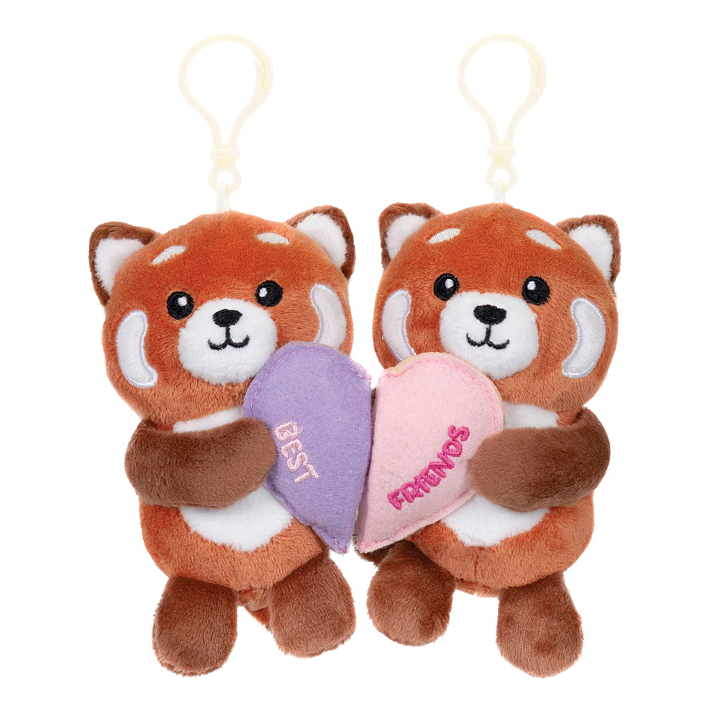 Red Pandas Bestie Charms- two magnetic plush red pandas with clips holding heart-shaped signs with 'BEST' and 'FRIENDS' embroidered.