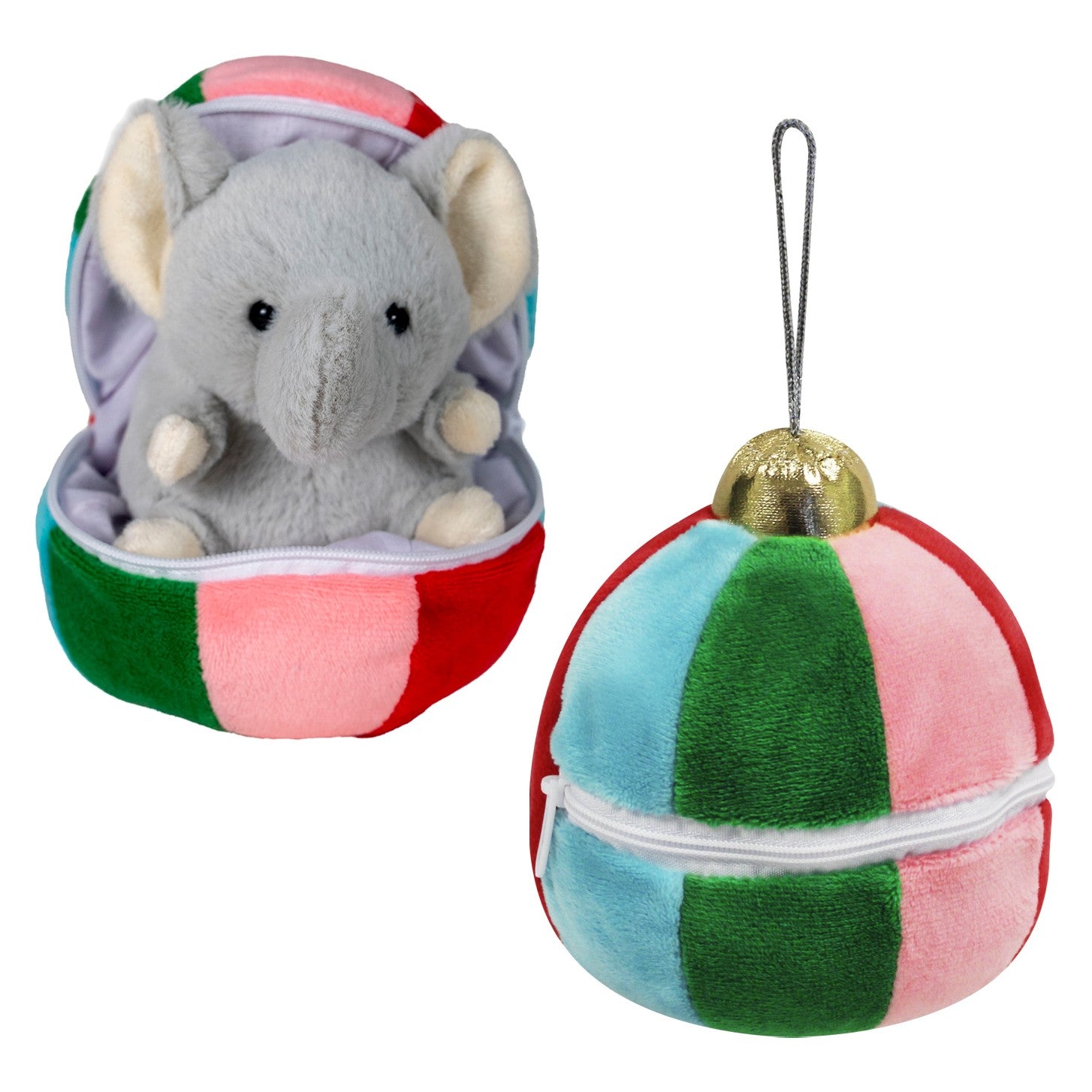 PLUSH ZIP UP ORNAMENT WITH PLUSH ELEPHANT INSIDE CHRISTMAS HOLIDAY PELUCHES STUFFY STUFFED ANIMAL