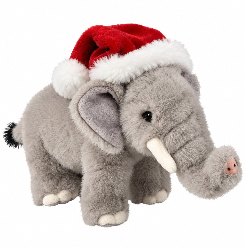 STANDING ELEPHANT PLUSH PELUCHES STUFFED ANIMAL STUFFY WITH A PLUSH RED AND WHITE SANTA HAT CHRISTMAS HOLIDAY GIFT