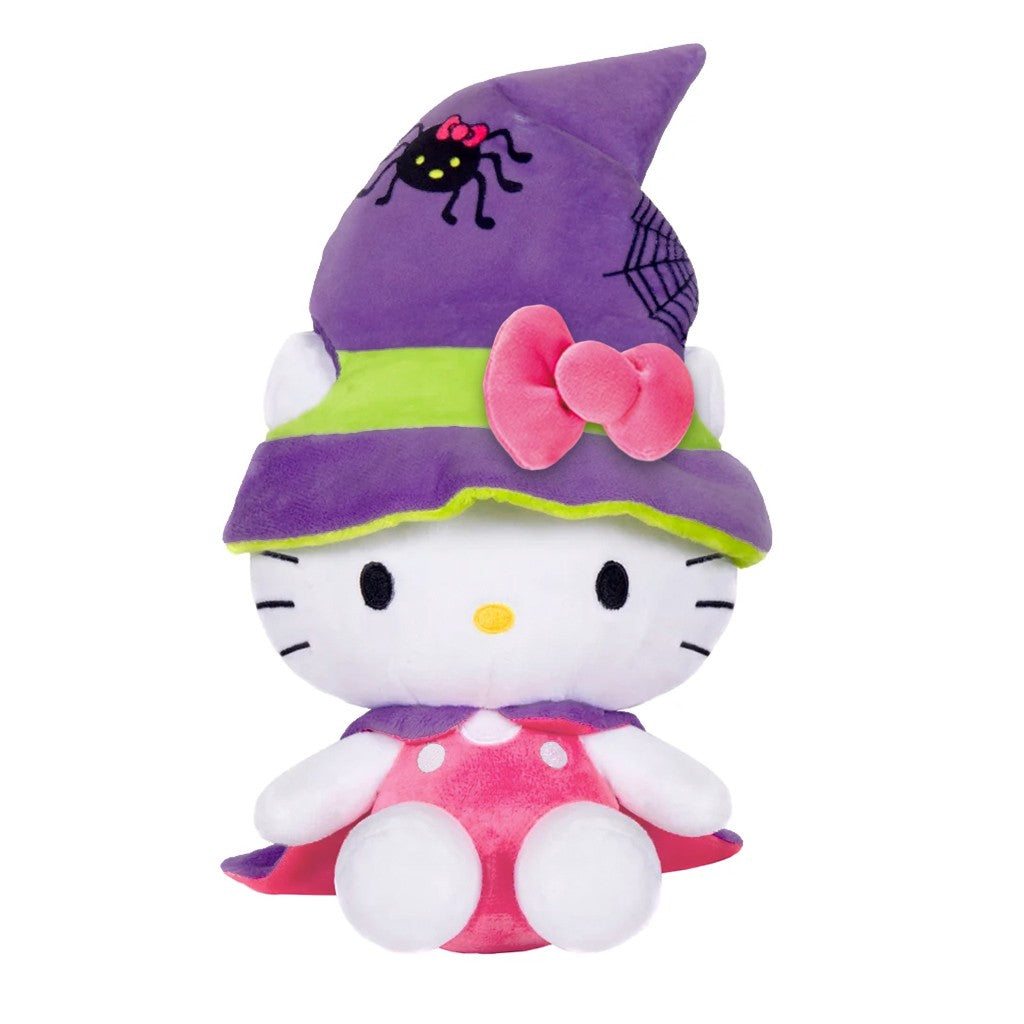 HELLO KITTY PLUSH PELUCHES STUFFY WITCH HAT WITH SPIDER DETAILS , CAPE AND PINK BOW