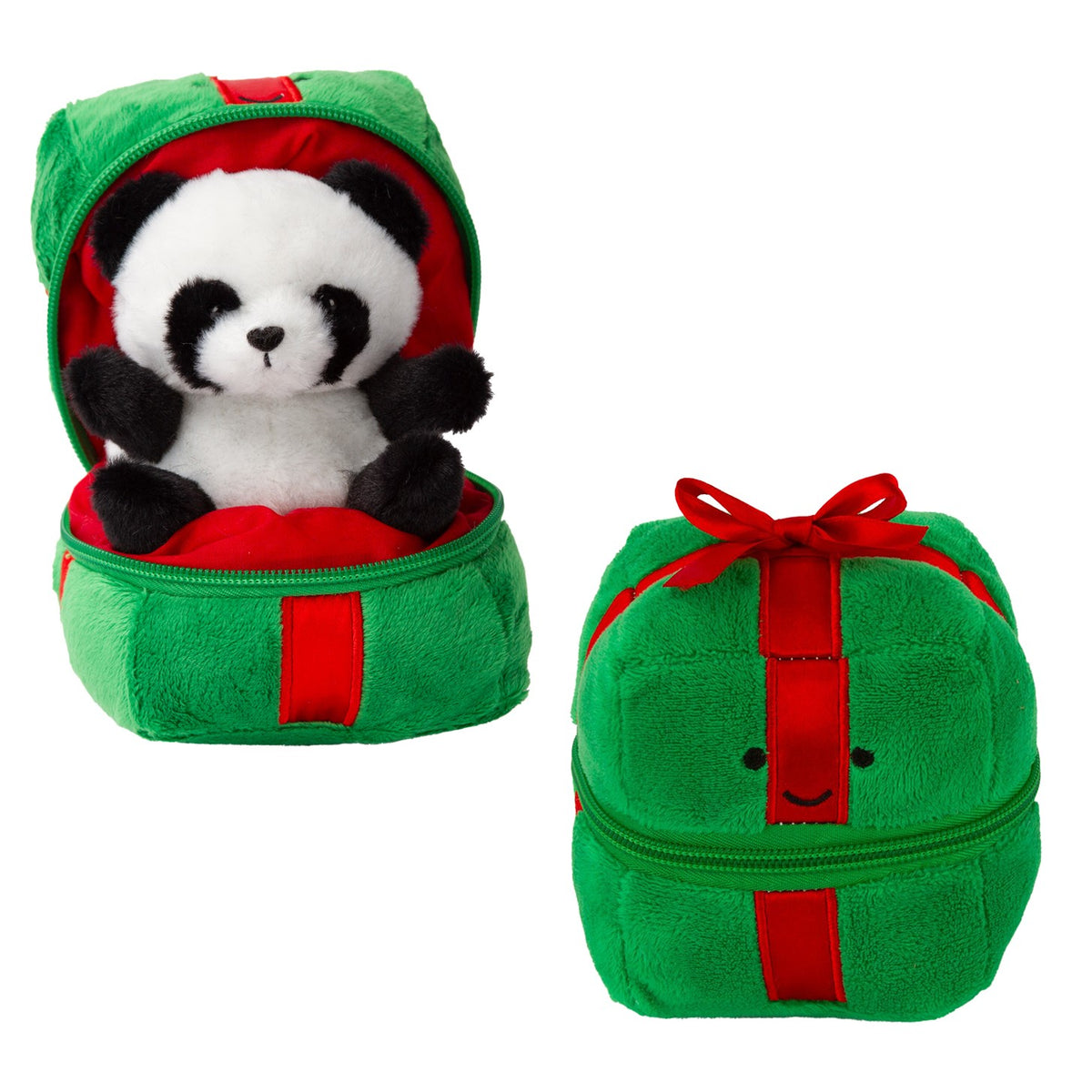 PANDA PLUSH INSIDE A ZIPPERED GREEN PLUSH GIFT BOX WITH RED RIBBON CHRISTMAS HOLIDAY PELUCHES STUFFY STUFFED ANIMAL