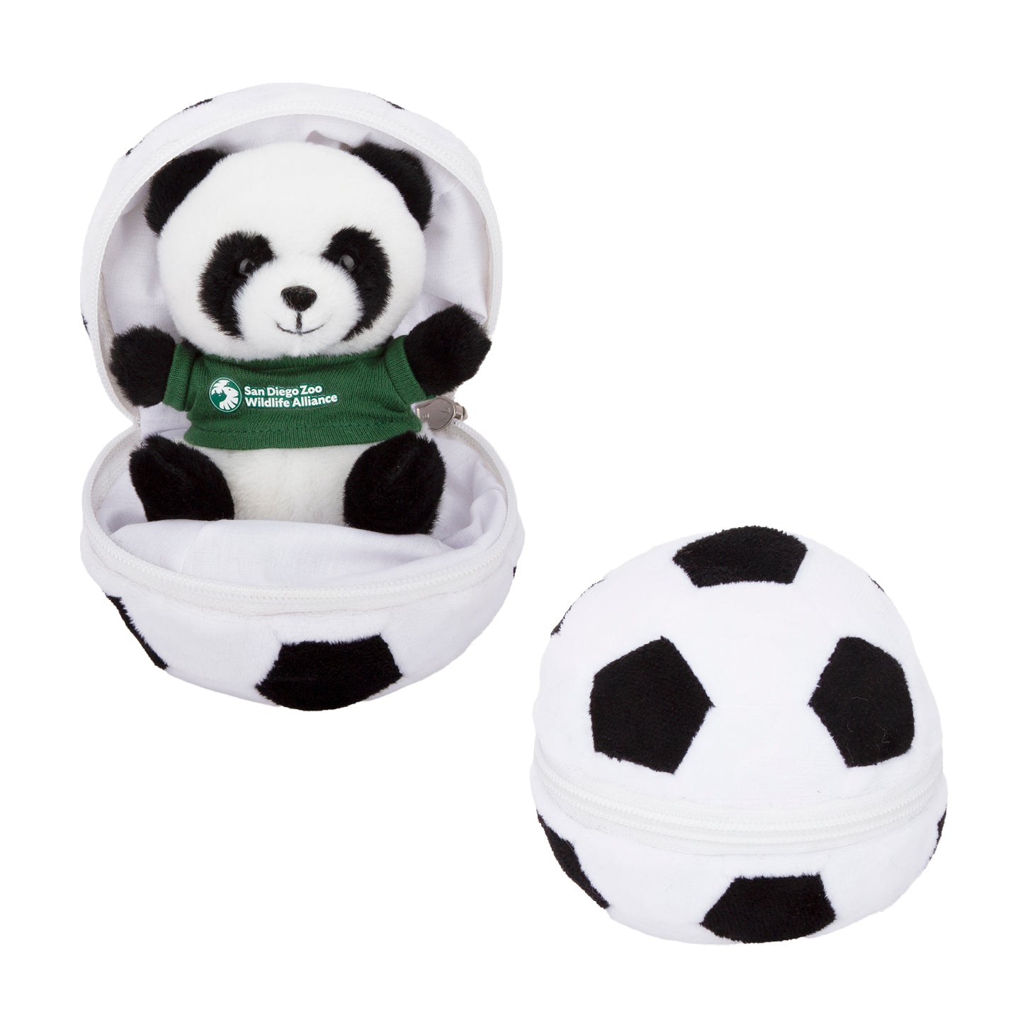 ZIP UP PLUSH PELUCHES STUFFY SOCCER BALL WITH PANDA PLUSHY INSIDE WITH SDZWA GREEN TEE T-SHIRT