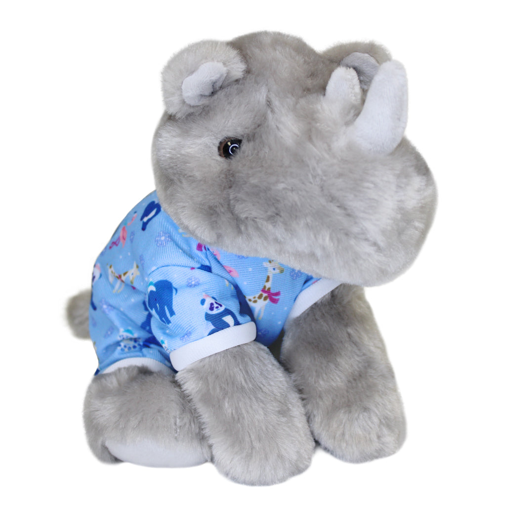 PLUSH RHINO WITH BLUE ZOO ANIMAL HOLIDAY CHRISTMAS PAJAMAS STUFFY PELUCHES 