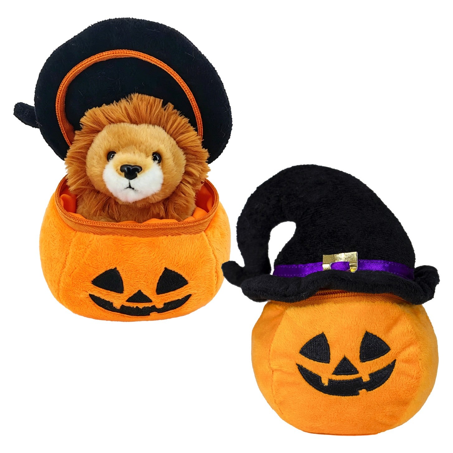 PLUSH ZIP-UP PUMPKIN JACK-O'-LANTERN WITH WITCH HAT AND LION INSIDE HALLOWEEN 