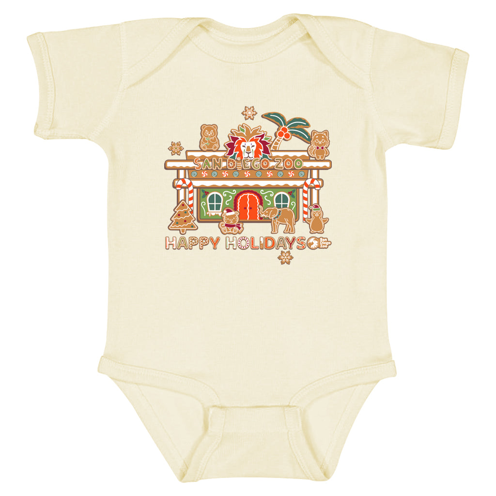 SAN DIEGO ZOO HAPPY HOLIDAYS GINGERBREAD ENTRANCE BABY INFANT ONESIE ROMPER TEE