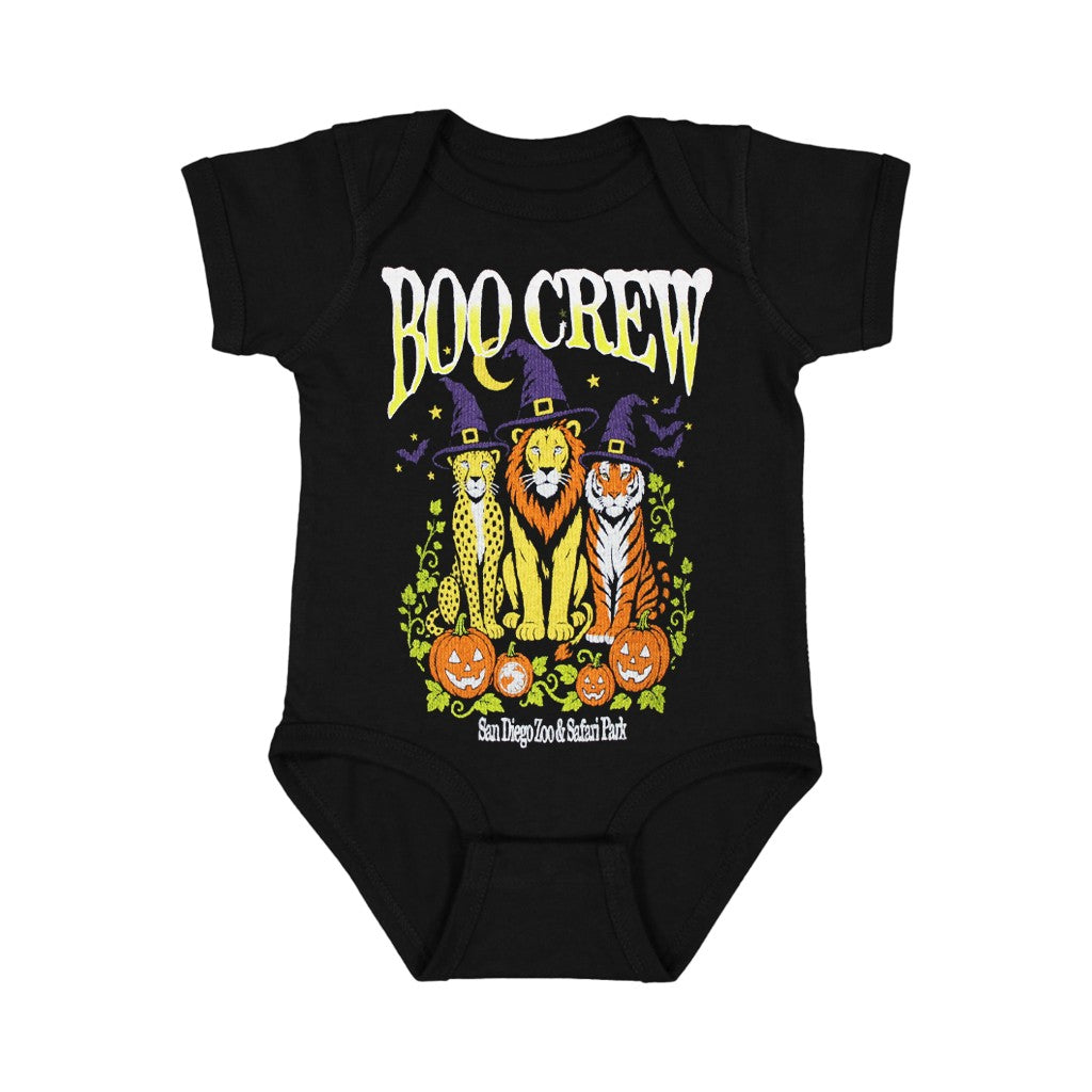 A black short-sleeve baby bodysuit featuring a colorful Halloween graphic on the front. The graphic displays the text 'BOO CREW' in a stylized yellow font above three animals wearing witch hats: a cheetah, a lion, and a tiger, with jack-o'-lanterns below.