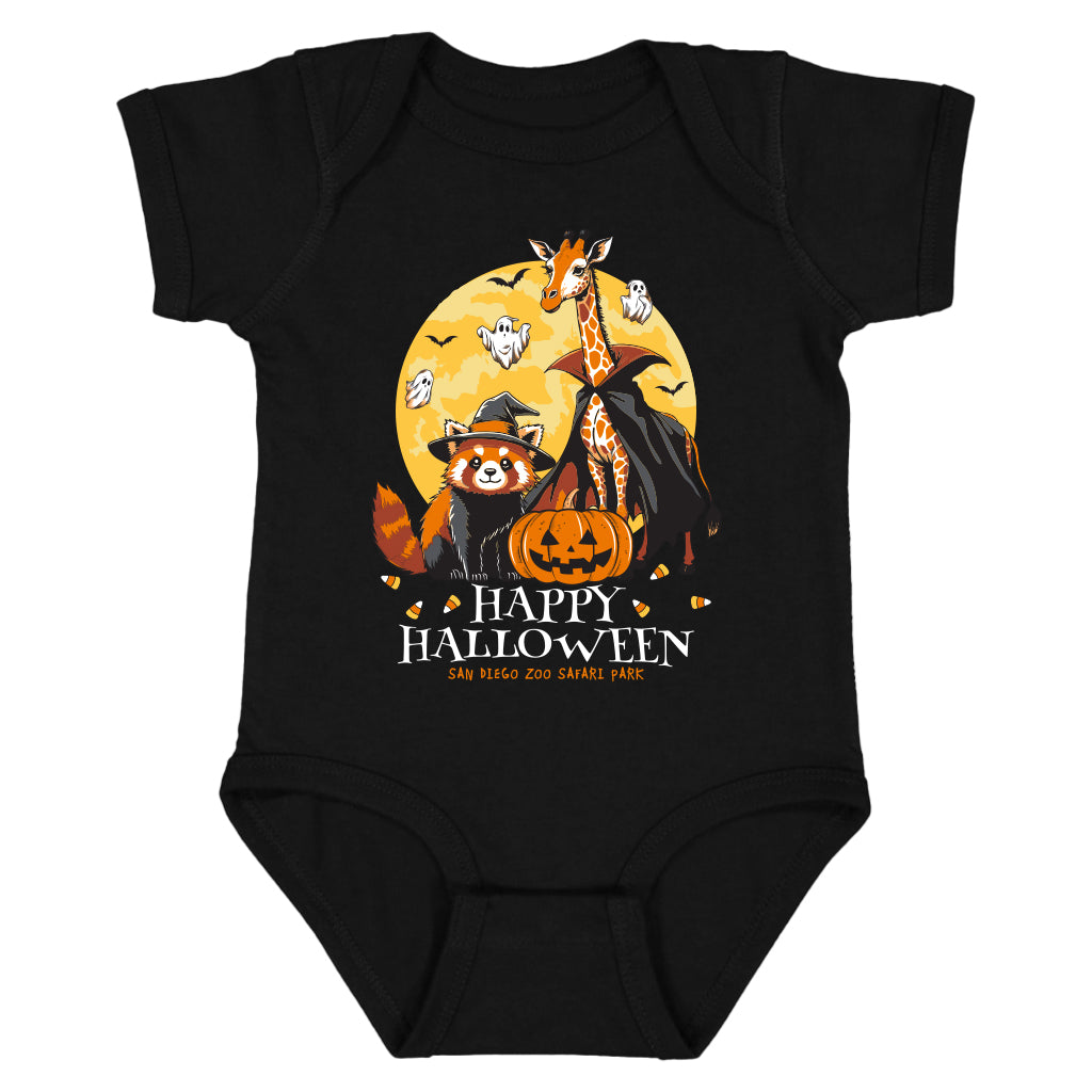 Black baby onesie with Halloween-themed design featuring a red panda, giraffe, and pumpkin.