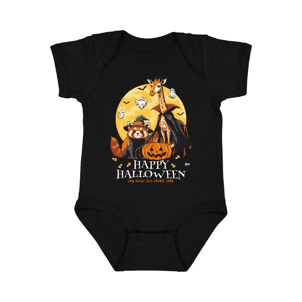 Black baby onesie with Halloween-themed design featuring a red panda, giraffe, and pumpkin.