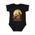 Black baby onesie with Halloween-themed design featuring a red panda, giraffe, and pumpkin.