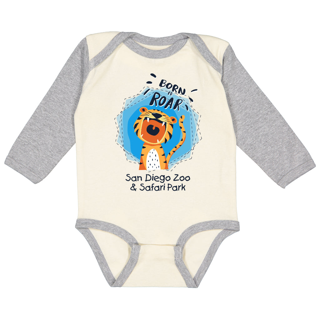BORN TO ROAR TIGER LONG SLEEVE BABY INFANT ROMPER CREAM WITH GRAY HEATHER SLEEVES