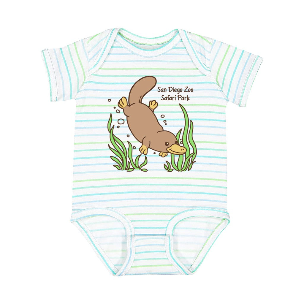 Striped baby onesie with a platypus design and 'San Diego Zoo Safari Park' text on a white background.