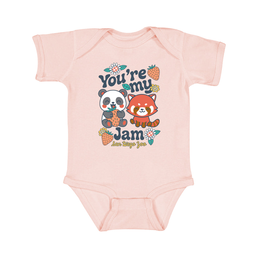 BLUSH PINK BABY INFANT LAP SHOULDER ROMPER WITH PANDA RED PANDA AND SPRING STRAWBERRIES AND FLOWERS DESIGN SAN DIEGO ZOO