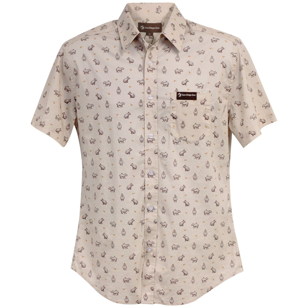 Capybara patterned tan adult camp shirt branded with San Diego Zoo logo.