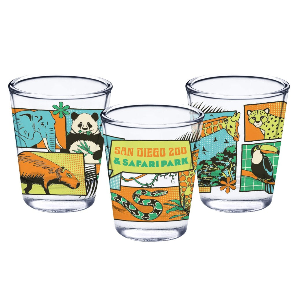 SAN DIEGO ZOO &amp; SAFARI PARK CLEAR GLASS ZOO-VERSE COMICS SHOT GLASS 