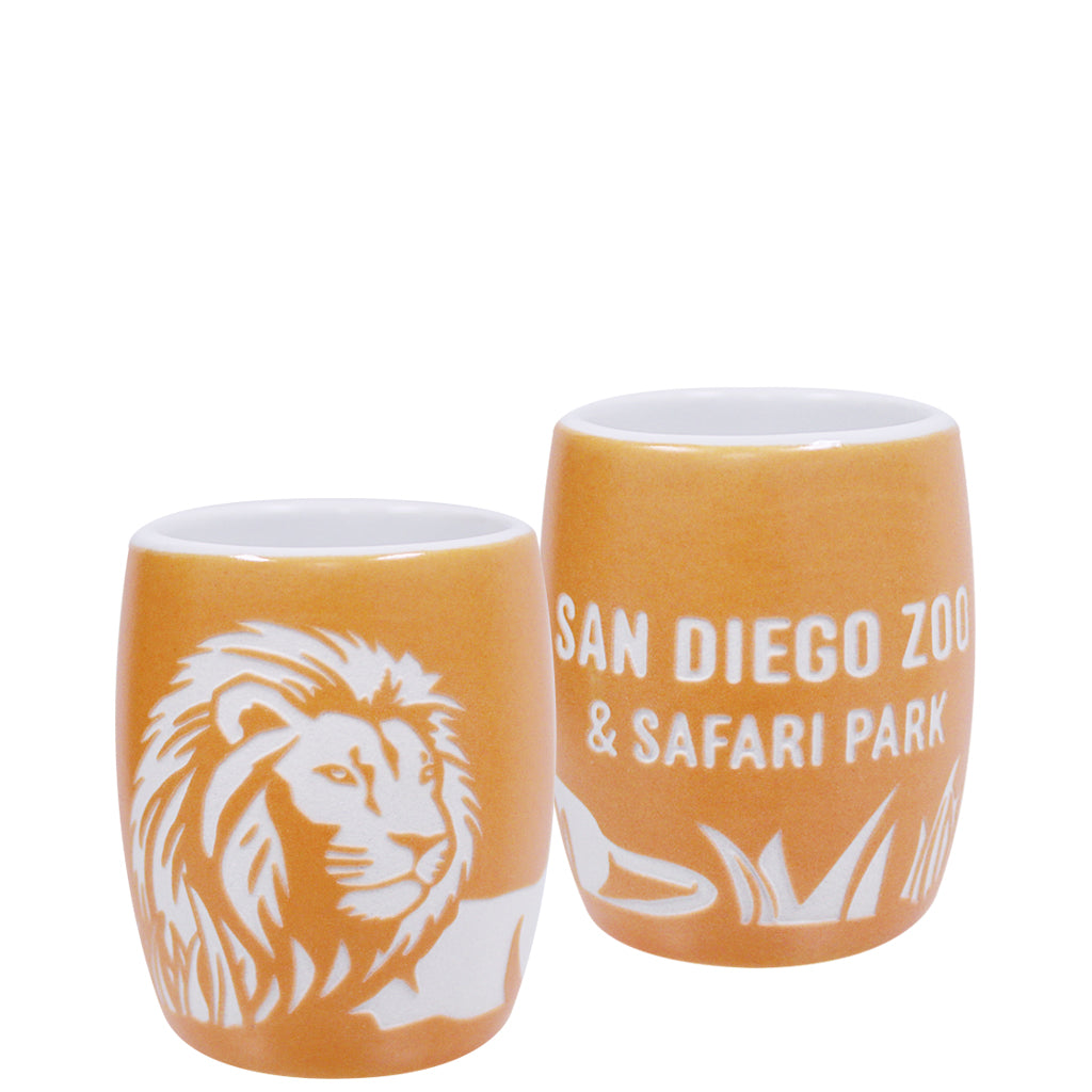 LION ETCHED MATTE GOLD CERAMIC SHOT GLASS SAN DIEGO ZOO &amp; SAFARI PARK