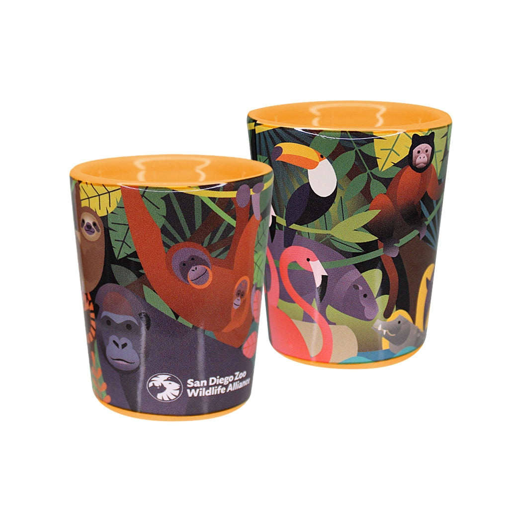 Rainforest Shot Glass with animal illustrations and San Diego Zoo Wildlife Alliance logo