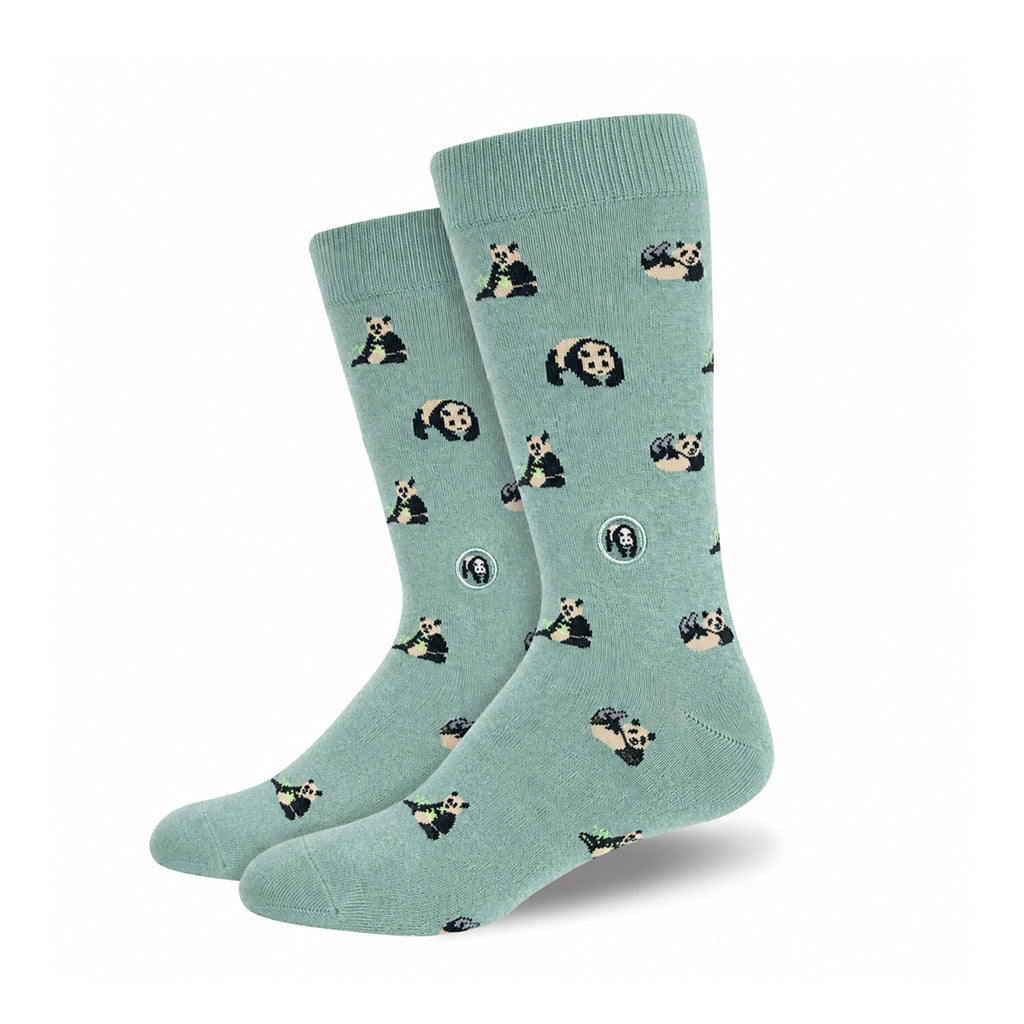 A pair of mint green size small adult graphic crew socks featuring a pattern of giant pandas.
