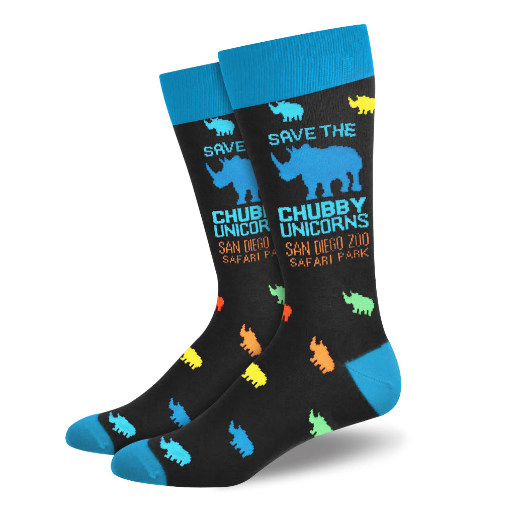 MENS UNISEX BLACK CREW SOCKS WITH COLORFUL SAVE THE CHUBBY UNICORNS RHINO DESIGN
