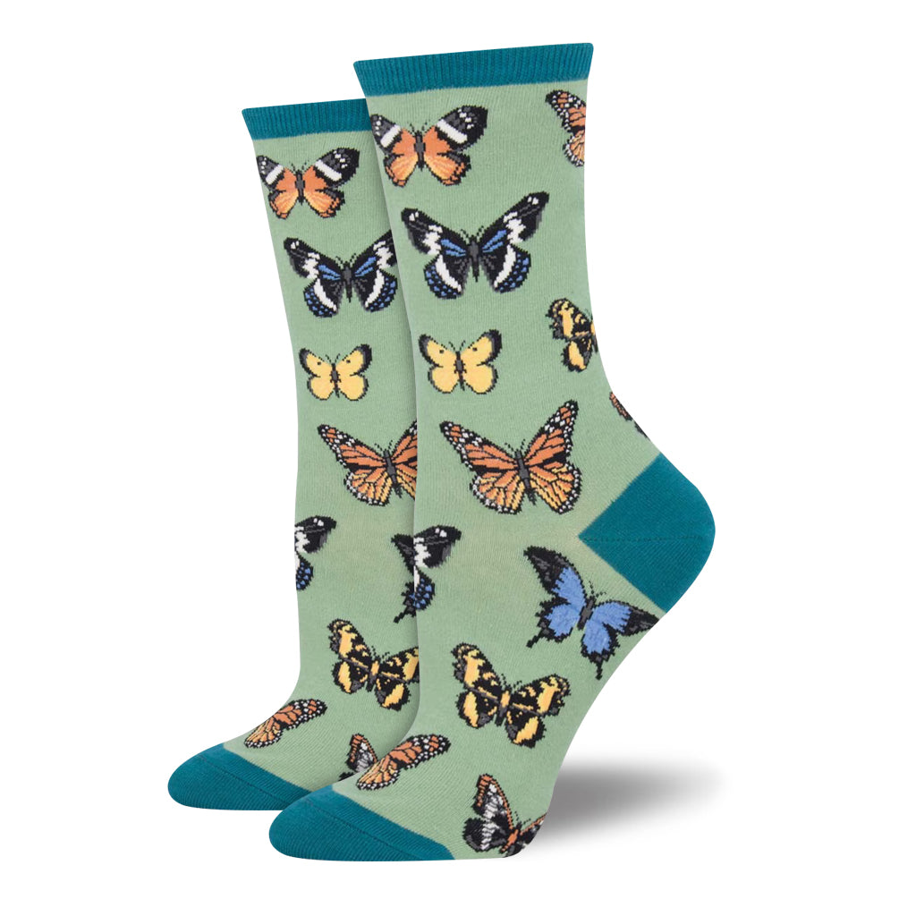 GREEN MAJESTIC BUTTERFLY LADIES WOMENS CREW SOCKS