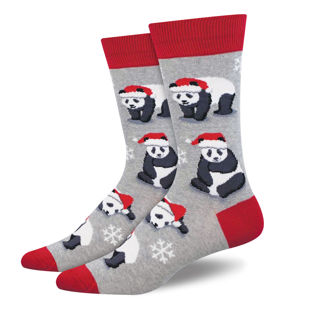 Gray socks with panda illustrations and red accents on a white background mens unisex