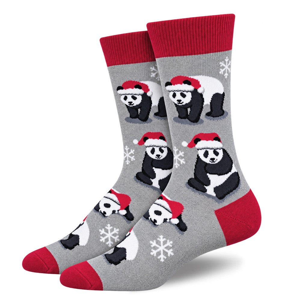 MENS UNISEX MERRY PANDA CHRISTMAS SOCKS GIANT PANDA SANTA HAT DESIGN AND SNOWFLAKES