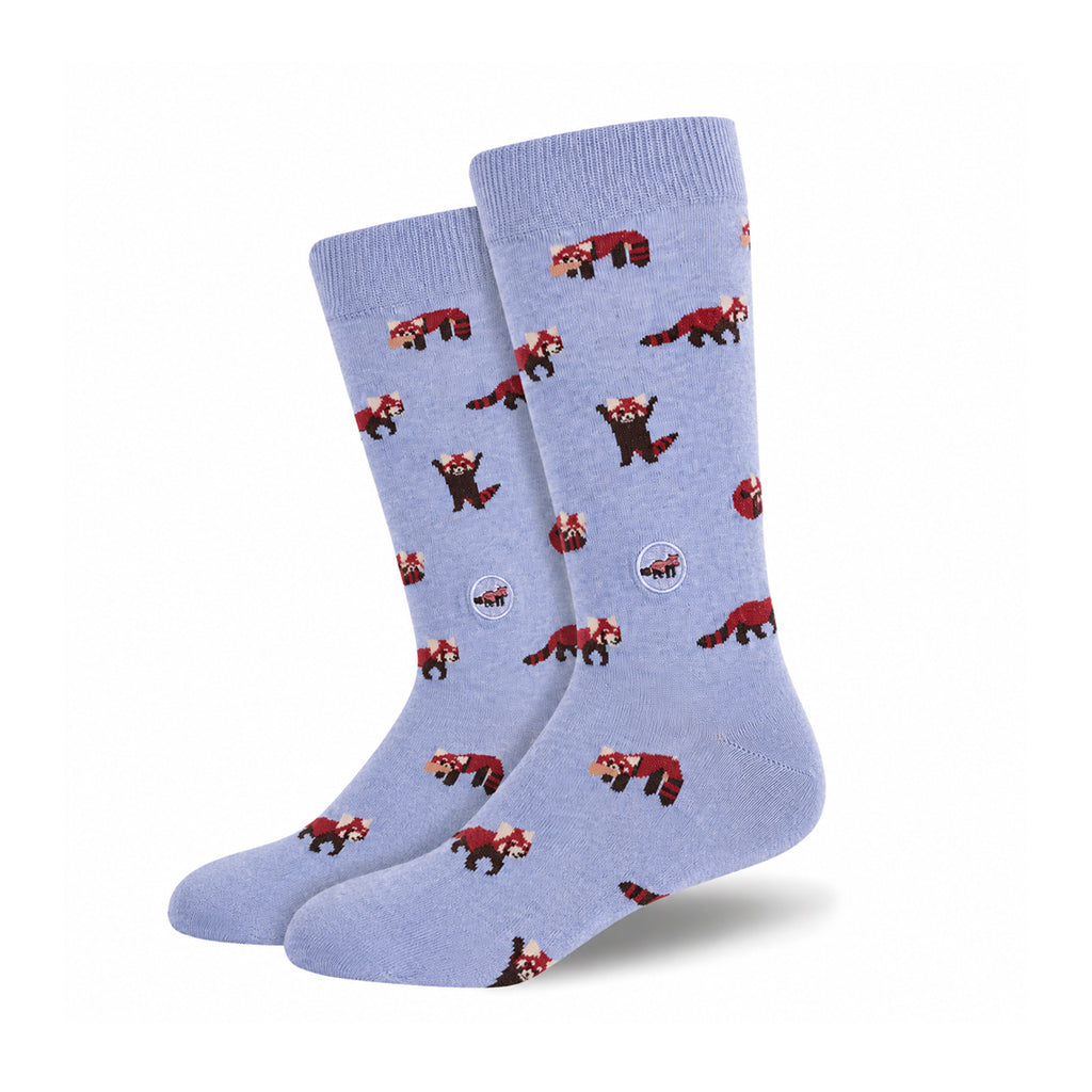 A pair of periwinkle blue size small adult graphic crew socks featuring a pattern of red pandas.