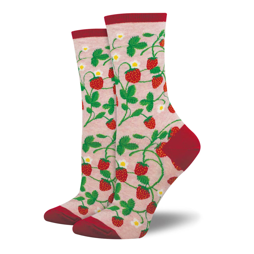 Colorful womens socks with strawberry pattern on a white background