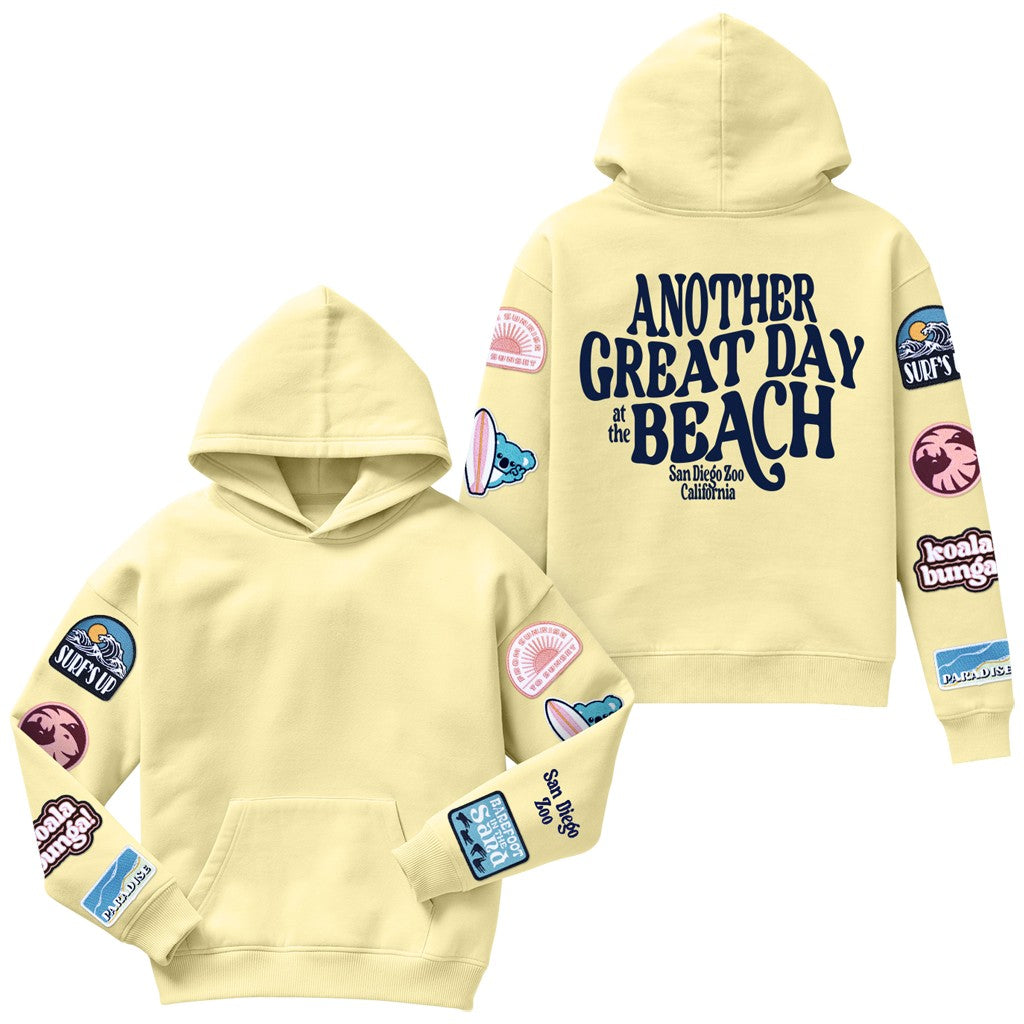 ANOTHER GREAT DAY AT THE BEACH PREMIUM SOFT YELLOW HOODED SWEATSHIRT WITH EMBROIDERED PATCHES DOWN THE SLEEVE KOALA SURF CALIFORNIA
