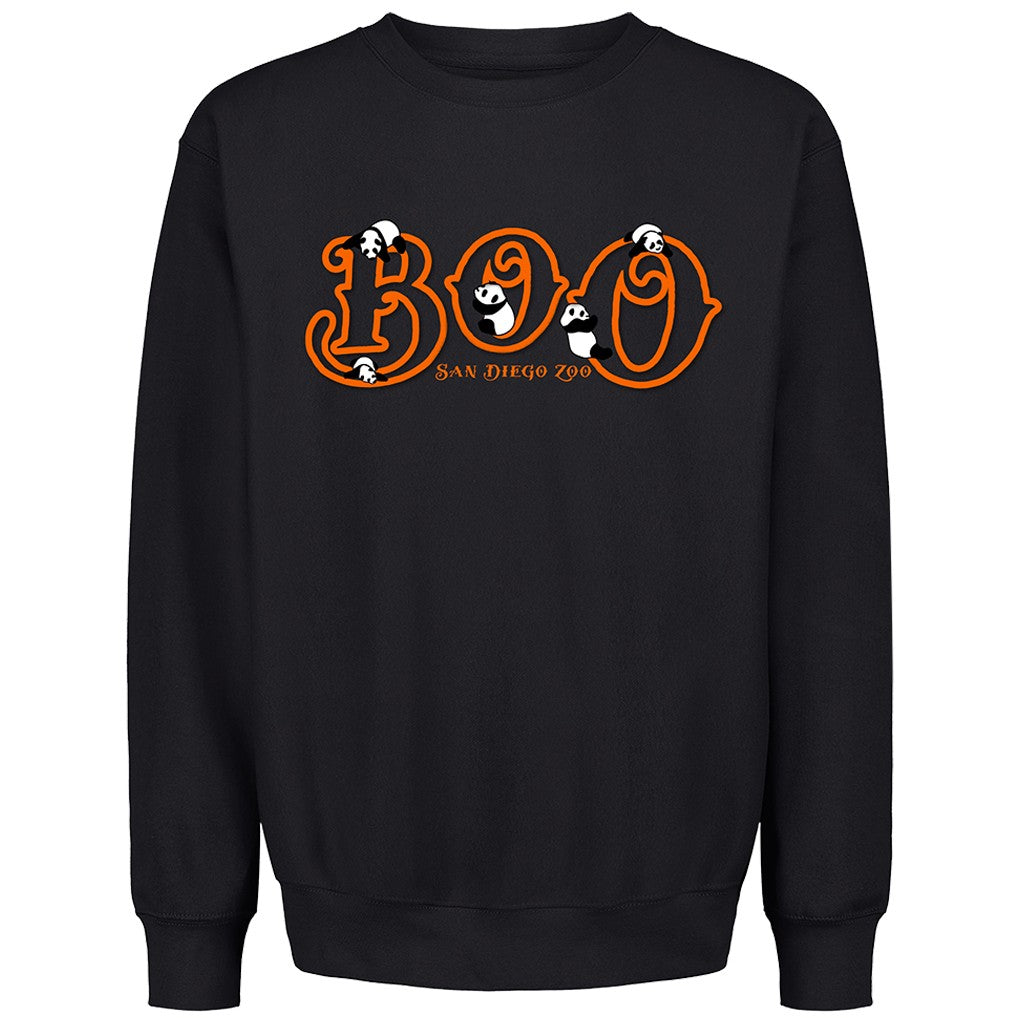 SAN DIEGO ZOO BOO PANDA CREW NECK UNISEX SWEATSHIRT WITH RAISED LETTERING AND GIANT PANDAS HALLOWEEN
