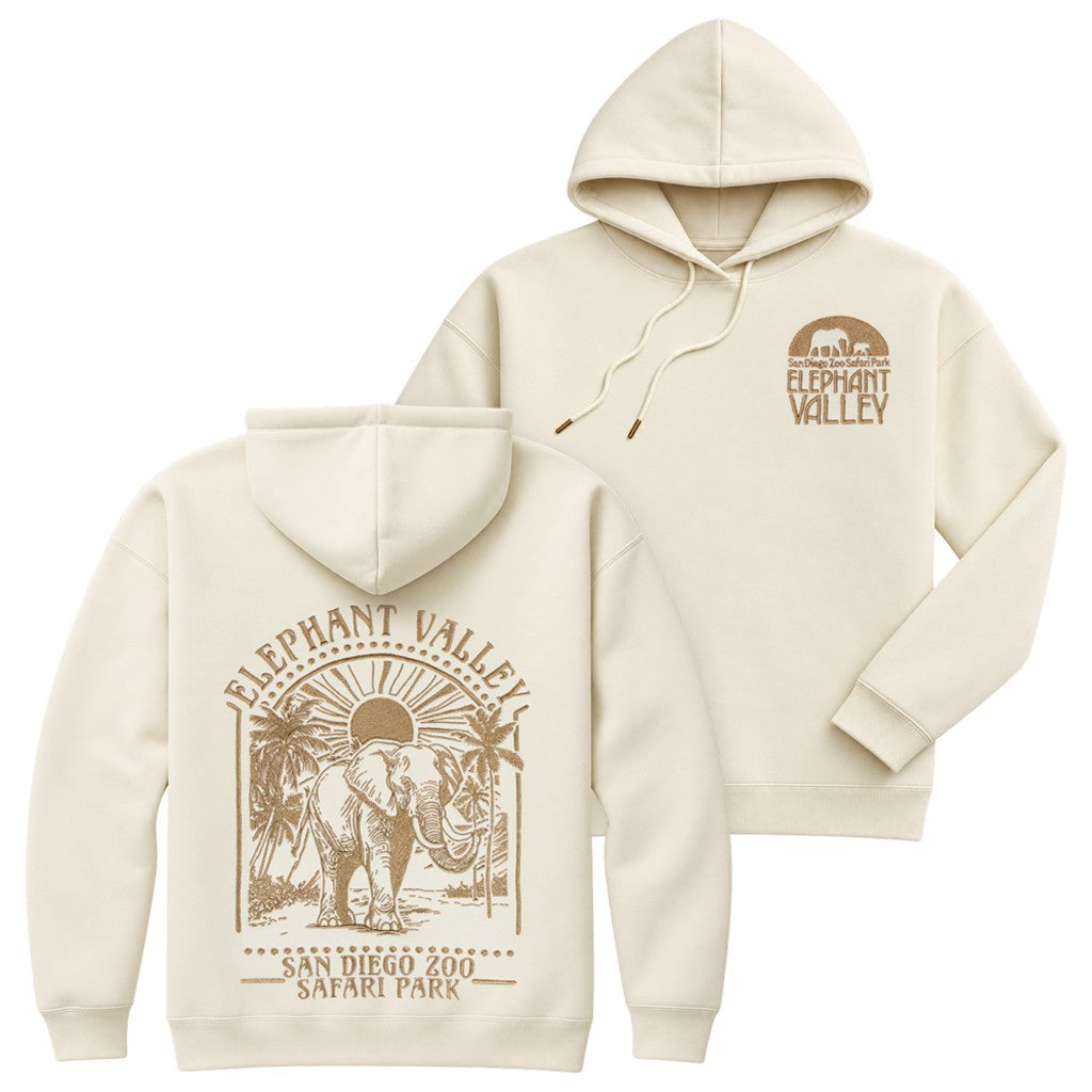 PREMIUM EMBROIDERED SAN DIEGO ZOO SAFARI PARK BONE COLORED HOODED SWEATSHIRT ELEPHANT VALLEY UNISEX MENS WOMENS AFRICAN ELEPHANT SUN DESIGN