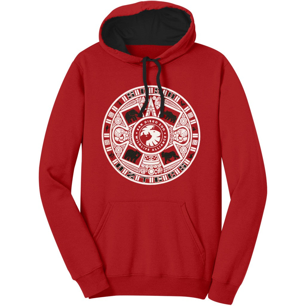 SDSU AND SAN DIEGO ZOO AZTEC CALENDAR HOODED HOODY RED AND BLACK SWEATSHIRT SDZWA ELEPHANT RHINO BEAR AND GORILLA 
