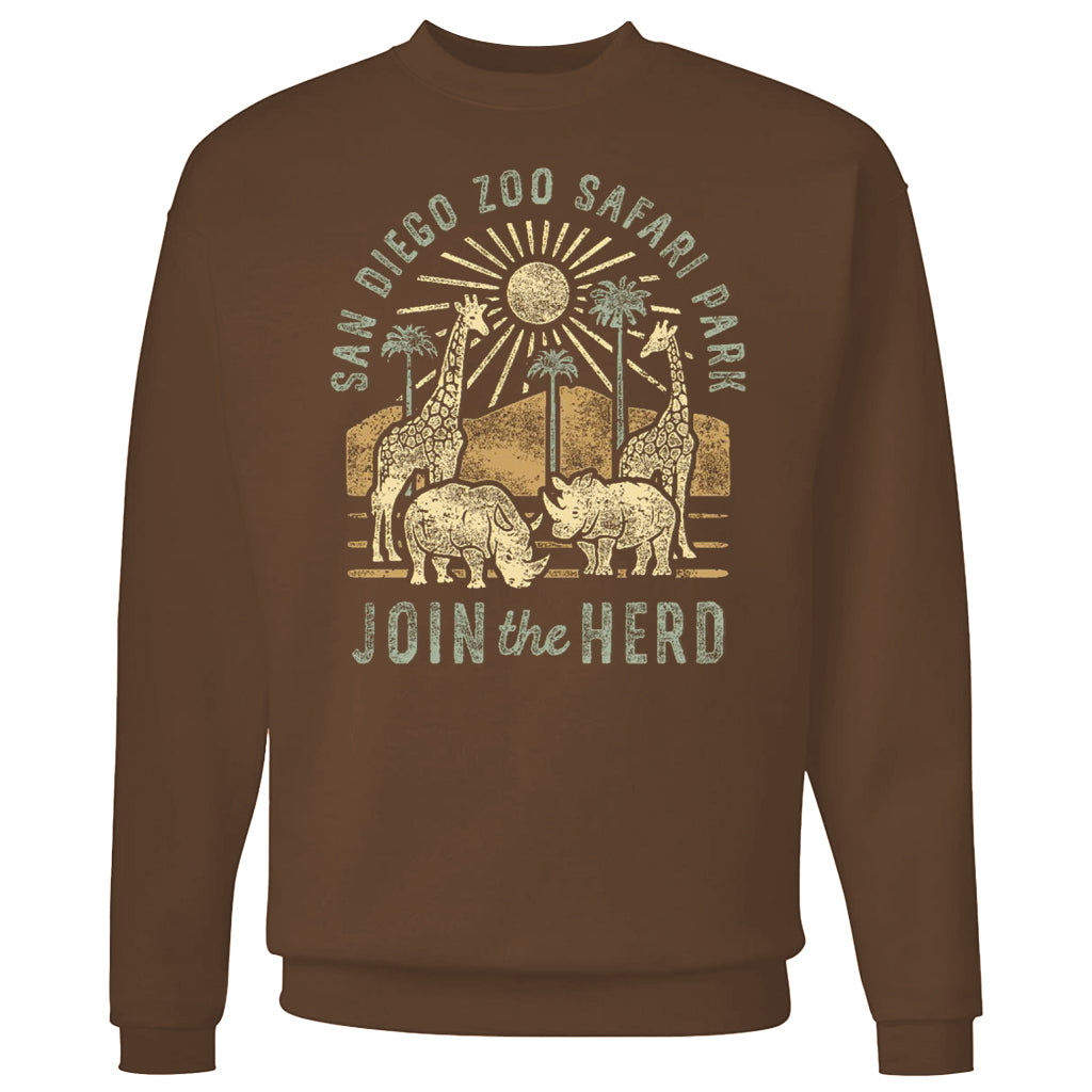 JOIN THE HERD GIRAFFE AND RHINO CHESTNUT BROWN CREW NECK UNISEX PULLOVER SWEATSHIRT SAN DIEGO ZOO SAFARI PARK
