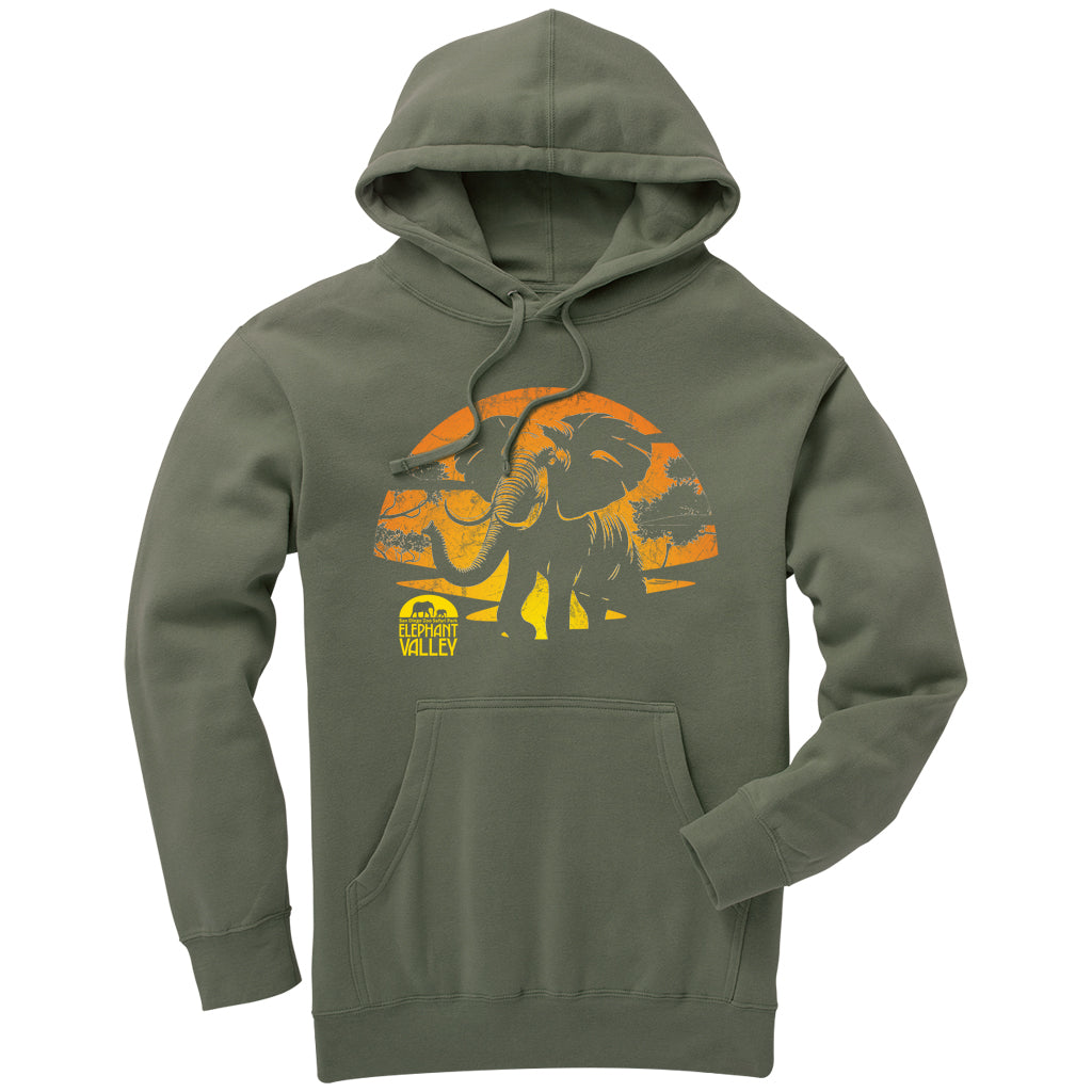 ELEPHANT VALLEY SUNSET OLIVE GREEN HOODY HOODED SWEATSHIRT MENS UNISEZ SAN DIEGO ZOO SAFARI PARK