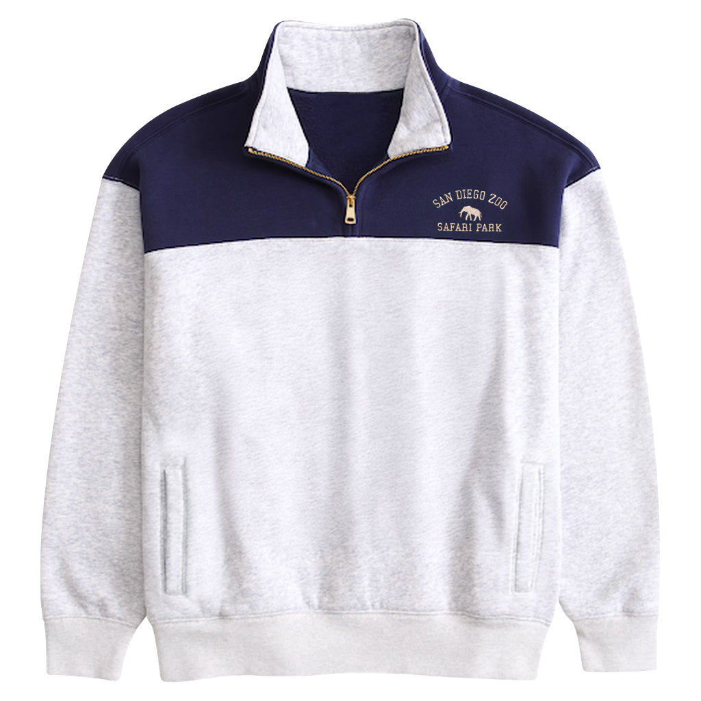 NAVY AND GRAY HEATHER QUARTER ZIP UNISEX SWEATSHIRT WITH SAFARI PARK ELEPHANT DESIGN