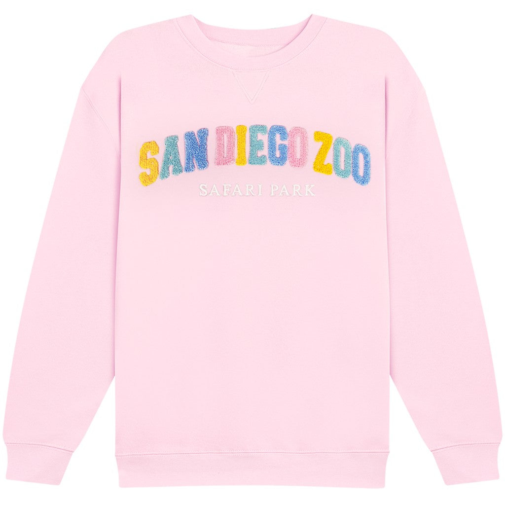 SAN DIEGO ZOO CHENILLE LETTERING ON PINK CREW SWEATSHIRT WITH THUMB HOLE CUFFS WITH SAFARI PARK IN WHITE 