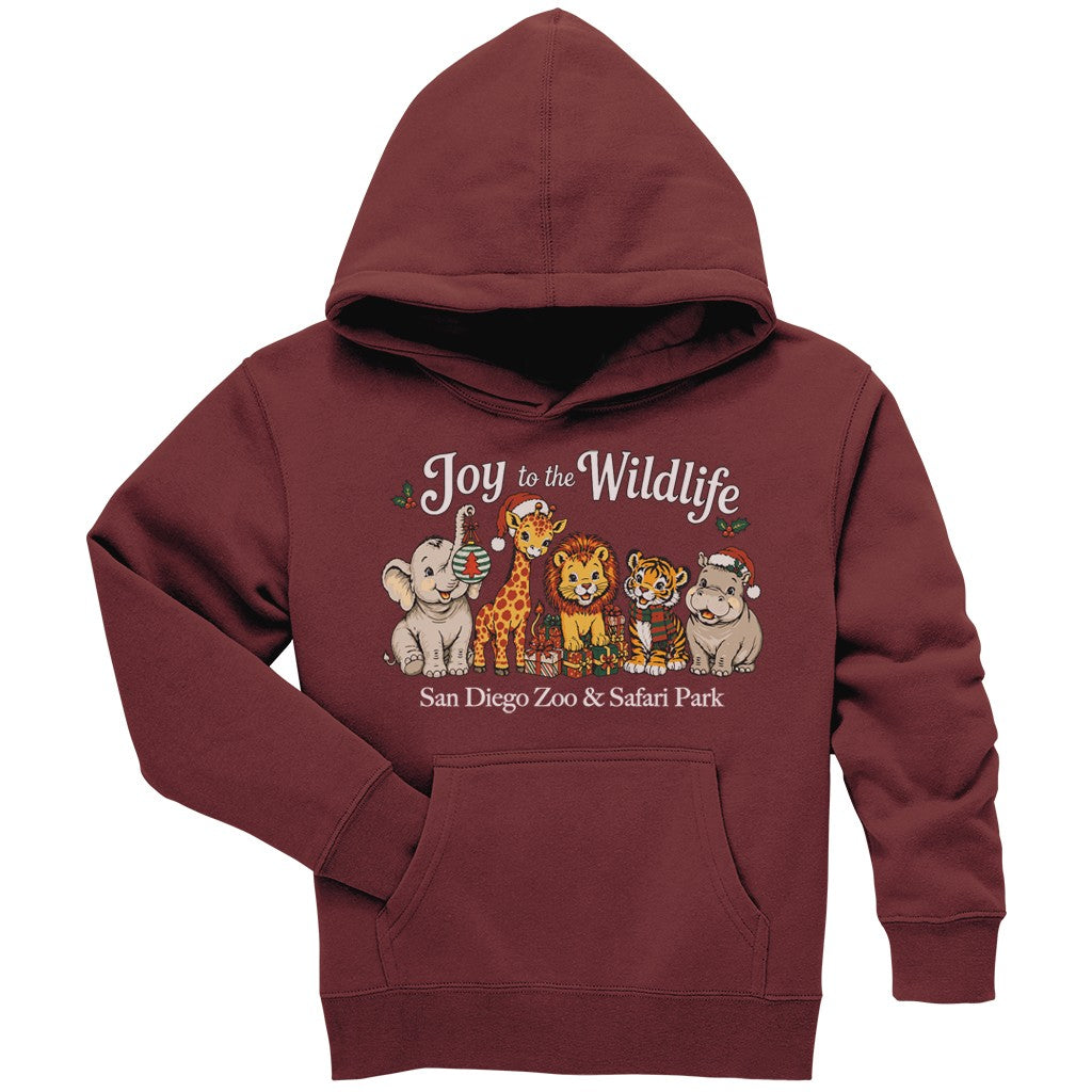 JOY TO THE WILDLIFE SAN DIEGO ZOO & SAFARI PARK BURGANDY HOODED SWEATSHIRT ELEPHANT GIRAFFE LION TIGER HIPPO KIDS YOUTH UNISEX HOODY PULLOVER