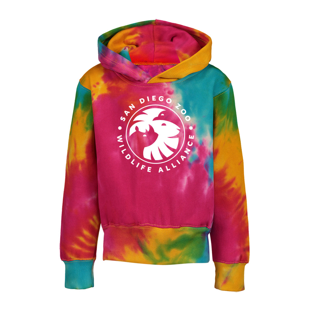 Kids Rainbow Tie-Dye Hooded Sweatshirt with San Diego Zoo Wildlife Alliance logo on the front in bright white.