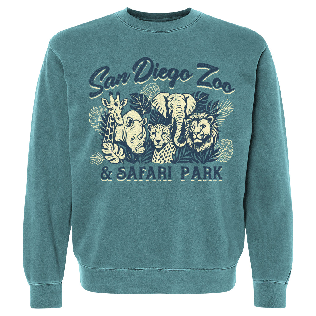 FAVE 5 UNISEX CREW NECK SWEATSHIRT IN TURQUOISE WITH GIRAFFE RHINO CHEETAH ELEPHANT LION SDZSP