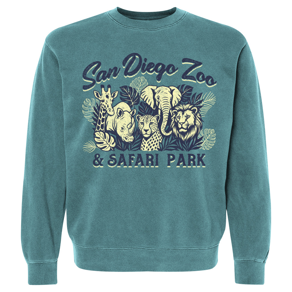 FAVE 5 UNISEX CREW NECK SWEATSHIRT IN TURQUOISE WITH GIRAFFE RHINO CHEETAH ELEPHANT LION SDZSP