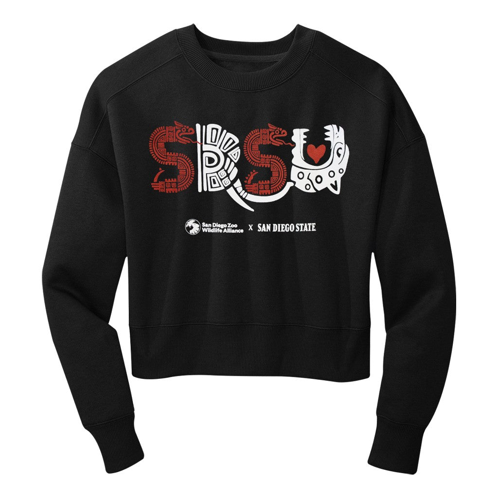 SDSU SAN DIEGO STATE UNIVERSITY LADIES BLACK CROPPED FLEECE CREW NECK SWEATSHIRT SDZWA SAN DIEGO ZOO WILDLIFE ALLIANCE COLLABORATION