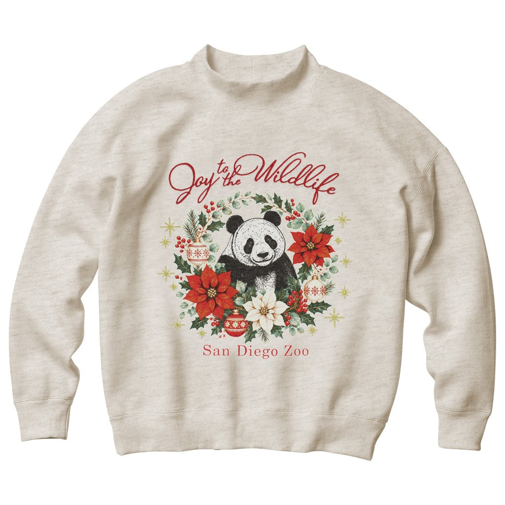 JOY TO THE WILDLIFE OATMEAL CREAM MOCK NECK WOMENS LADIES SWEATSHIRT PANDA HOLIDAY CHRISTMAS VINTAGE DESIGN SAN DIEGO ZOO