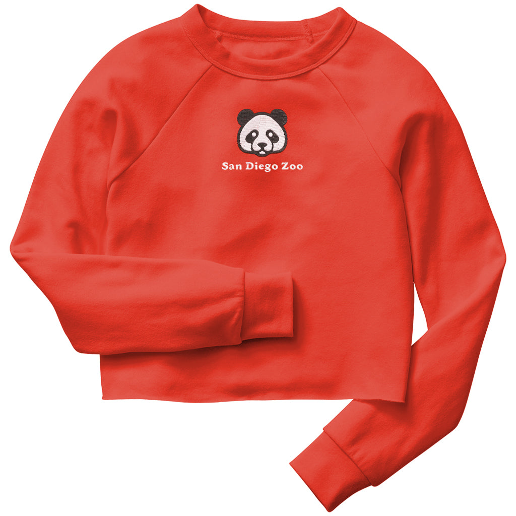 EMBROIDERED PANDA FACE JUNIORS CROPPED PULLOVER HOODY WITH RAW HEM FIRE RED SAN DIEGO ZOO