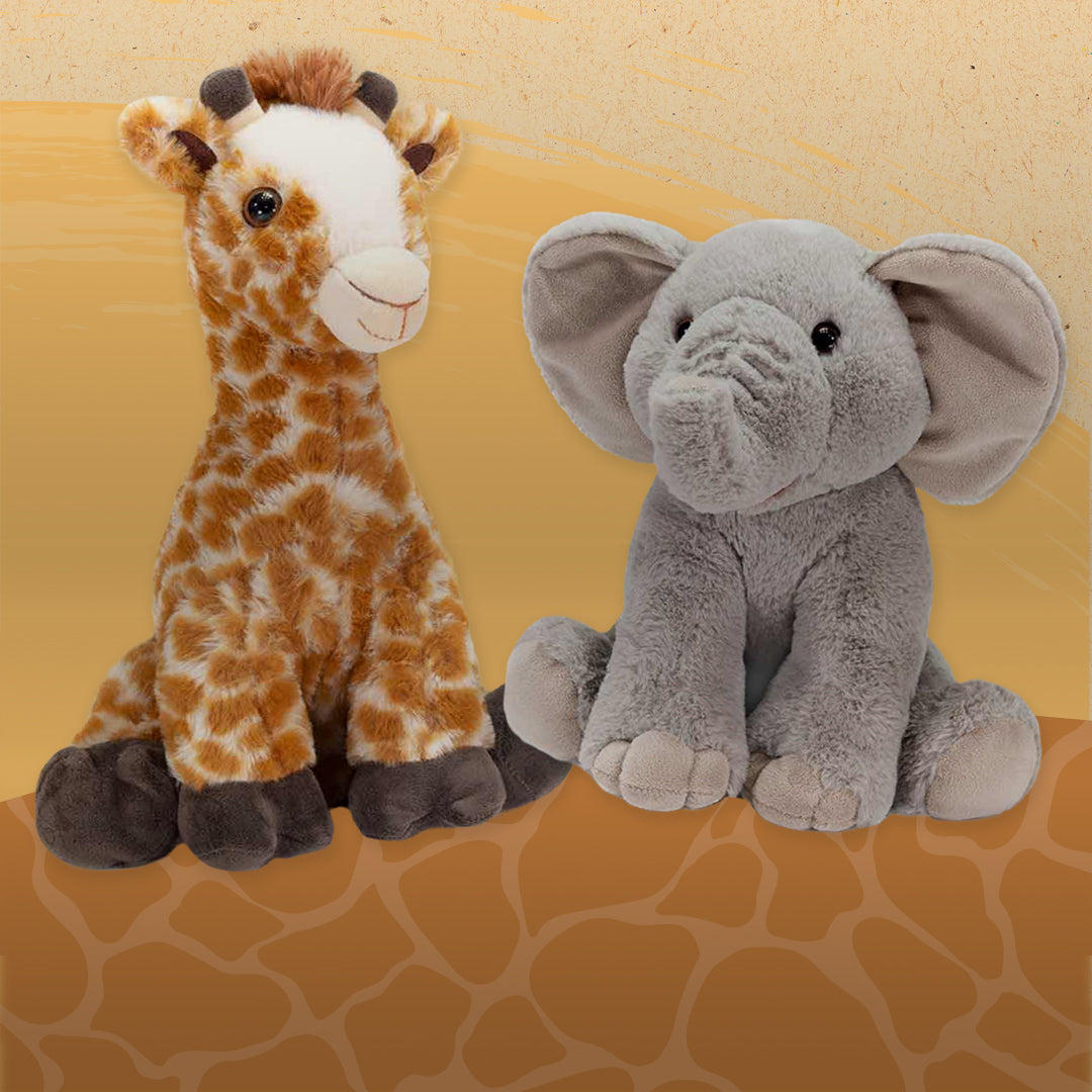 Buy 2 Plushies, Save $10 giraffe and elephant stuffed animals on a yellow background with a giraffe pattern.