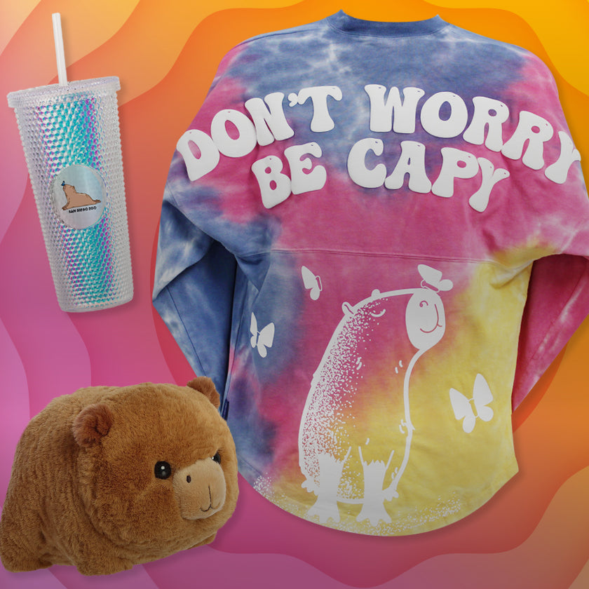 Tie-dye shirt with "DON'T WORRY BE CAPY" text, plush capybara, and tumbler on a colorful background.