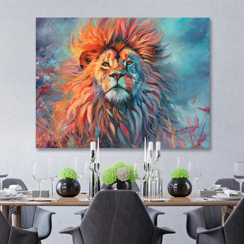 Dining room with a colorful painting of a lion on the wall.